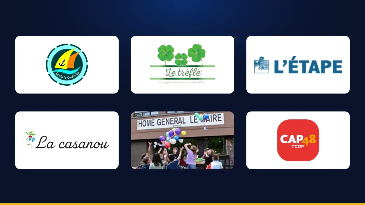 Logos des œuvres soutenues : l'École la Goélette, Le Trèfle, l'Étape, La Casanou et le Home Général Lemaire