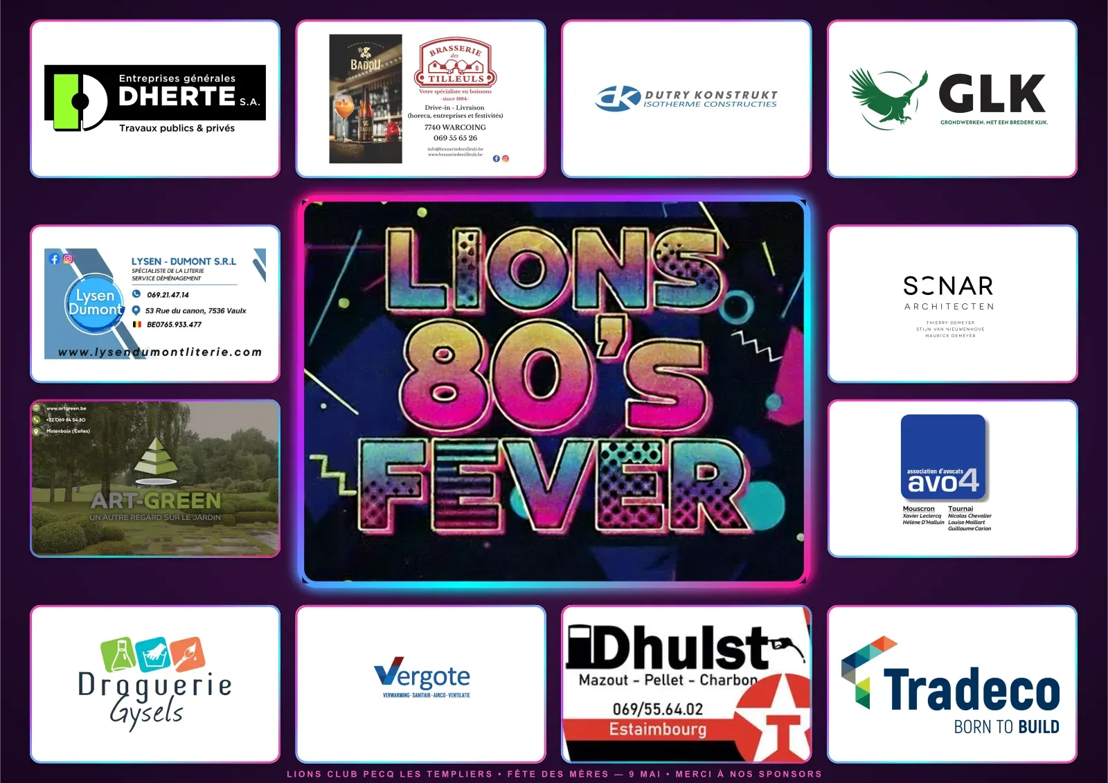 Set de table du Lions 80's Fever présentant les logos de nos sponsors