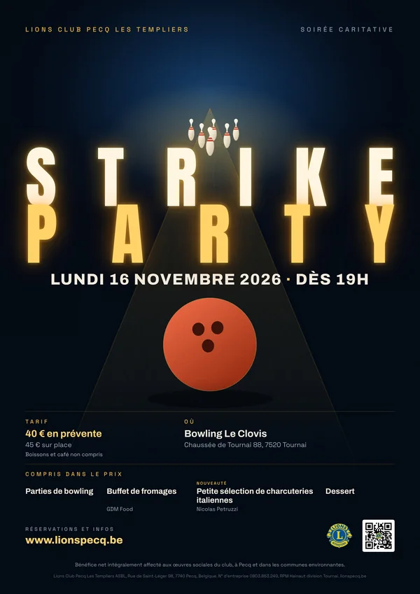 Affiche de la Strike Party : lundi 16 novembre 2026 dès 19h au Bowling Le Clovis à Tournai, 40 € en prévente.